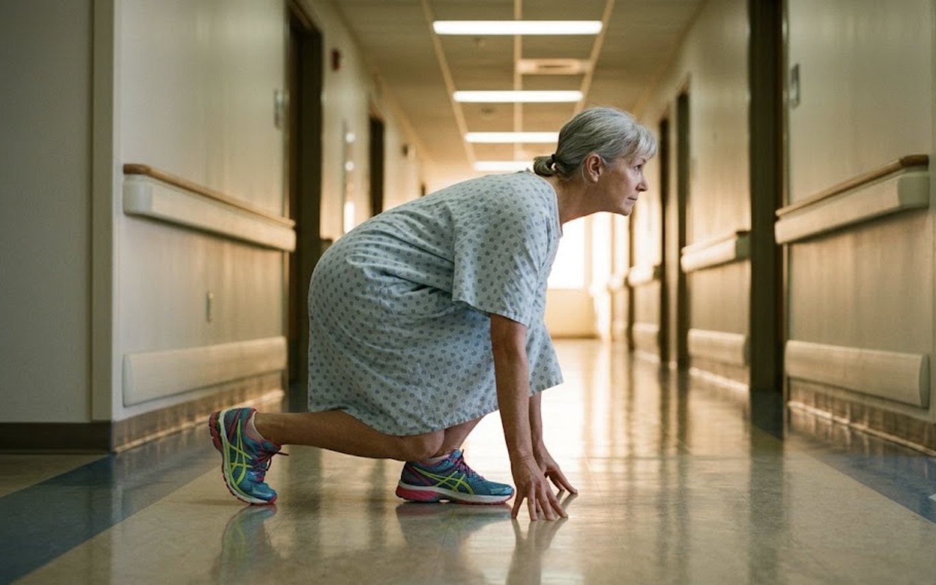 An older woman in a hospital gown crouched in a sprinter’s start in a hospital hallway