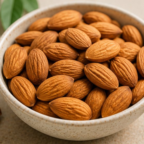 Raw almonds on linen.