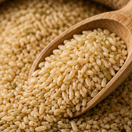 Wild brown-rice grains on slate.