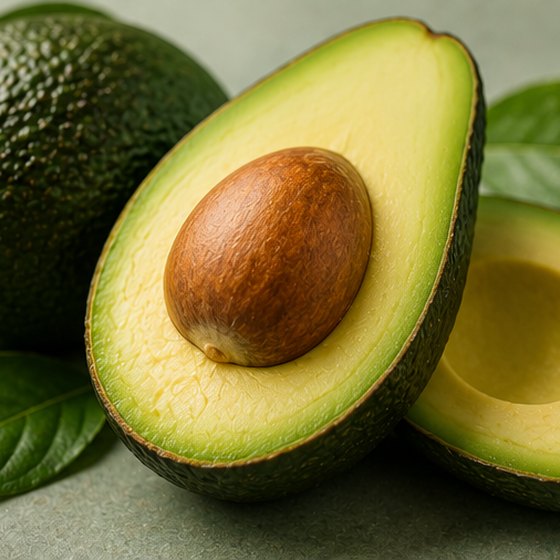 A split avocado half.