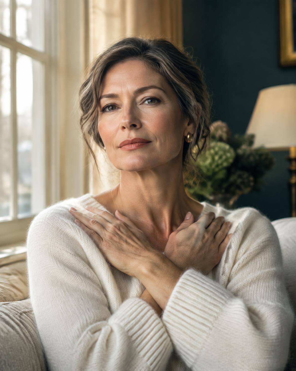 Woman by a window with hands resting across her collarbone