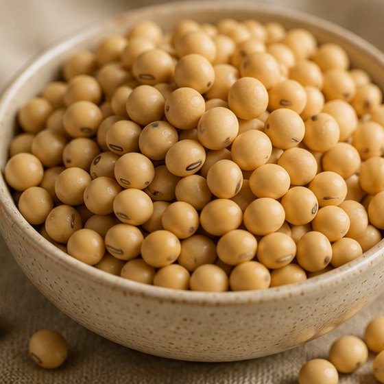 Raw soybeans on wood.
