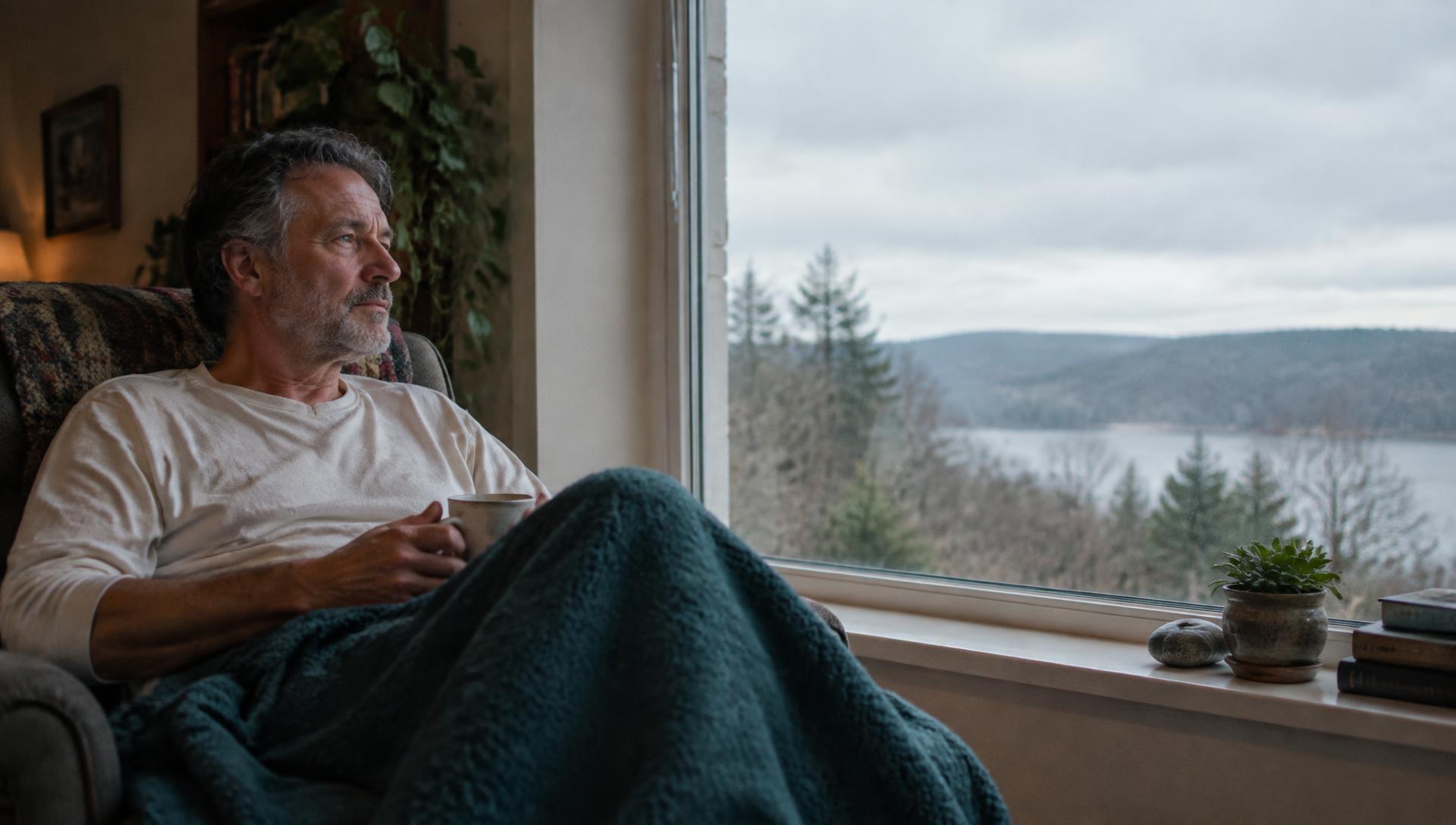 A man resting in a chair by a window with a warm drink