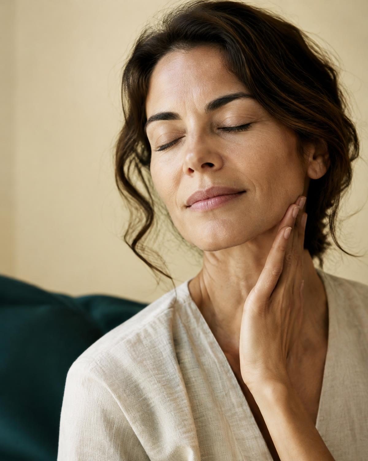 Woman with eyes closed, hand resting at her jawline