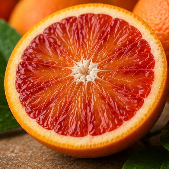 A backlit blood-orange cross-section.