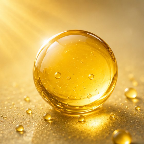 A golden oil droplet in warm light.
